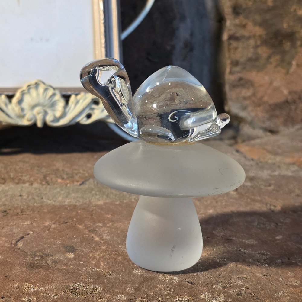 Vintage Art Glass Turtle on Mushroom Figurine Clear Frosted Glass Paperweight